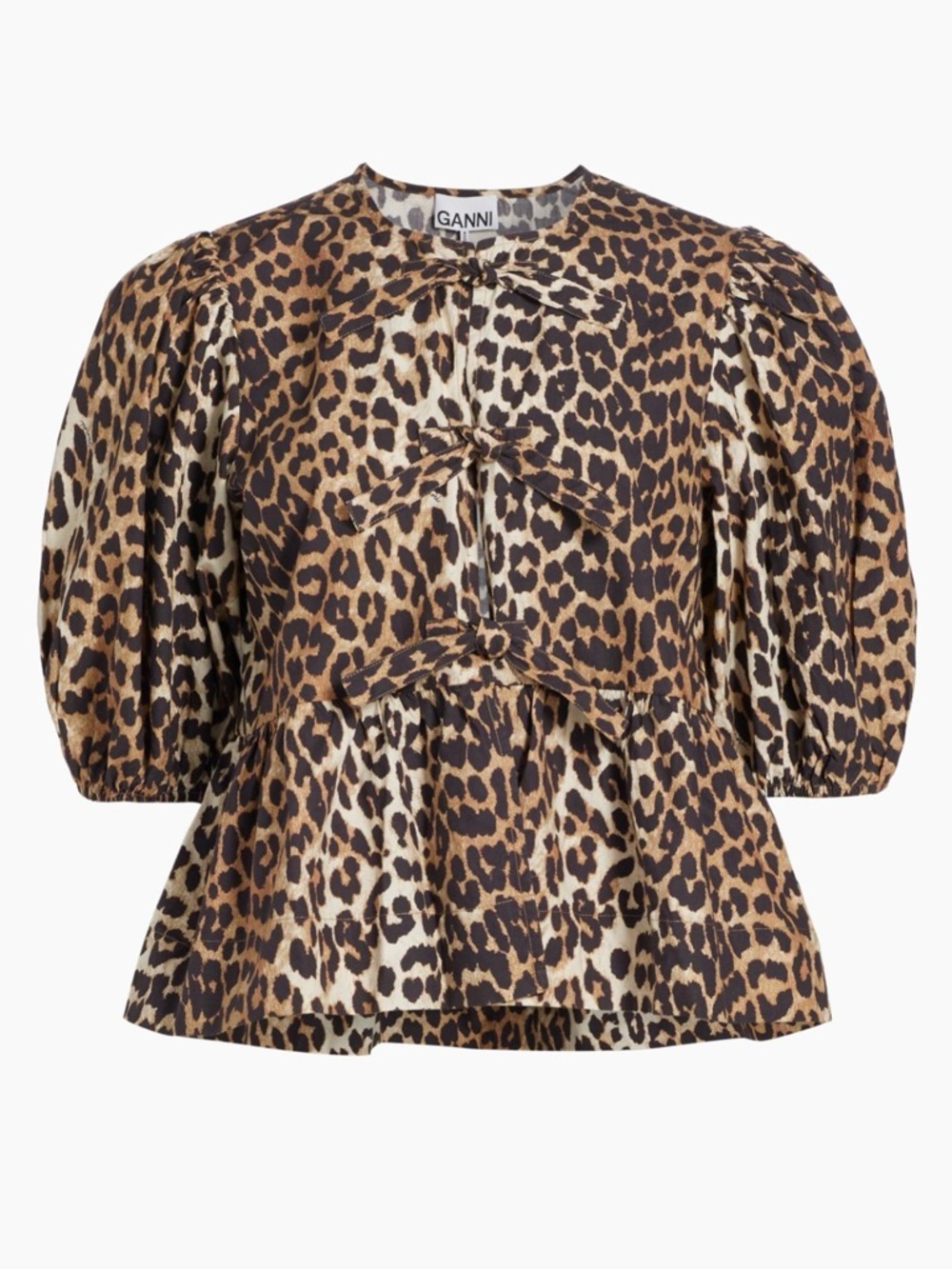 Ganni Leopard Print Puff Sleeve Blouse - Brown & Black. NWT. Size 40